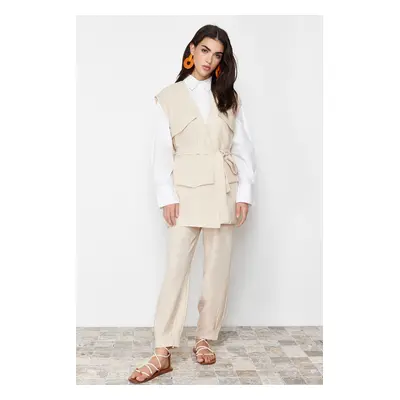 Trendyol Stone Linen Look Vest Trousers Woven Bottom Top Set