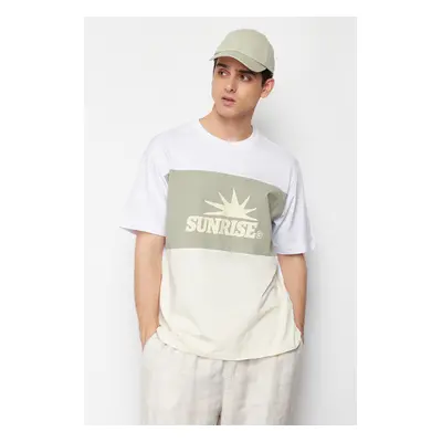 Trendyol Mint Oversize/Wide Cut Text Printed Color Block 100% Cotton Short Sleeve T-Shirt