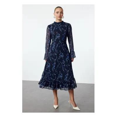 Trendyol Blue Floral Patterned A-Line Stand Collar Midi Lined Chiffon Woven Winter Dress