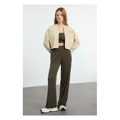 Trendyol Khaki Wide Leg/Relaxed Cut High Waist Flexible Trousers