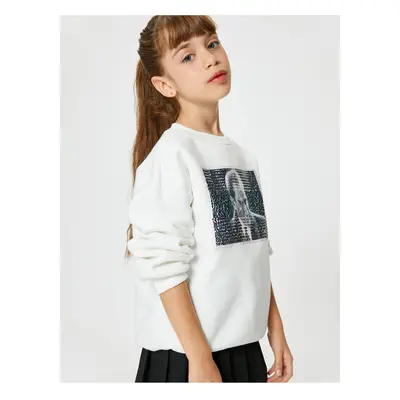 Koton Sequined Atatürk Printed Sweatshirt Long Sleeve Crew Neck Ribbed