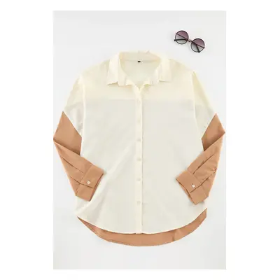 Trendyol Curve Ecru Color Block Boyfriend Wide Fit Woven Shirt