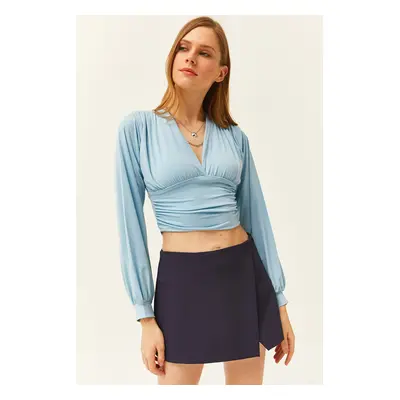 Olalook Women's Baby Blue Deep Decollete Banded Waist Crop Blouse