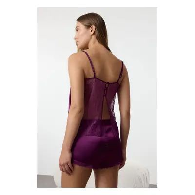 Trendyol Plum Lace and Back Detail Satin Woven Pajama Set with Rope Straps