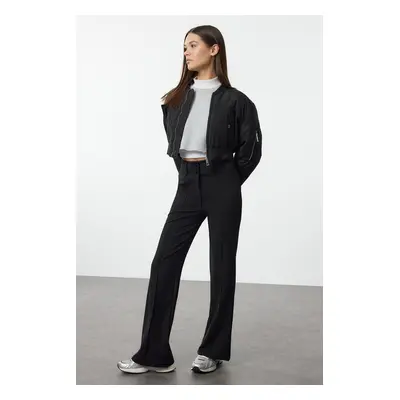 Trendyol Black Ribbed Detail High Waist Flare/Flare Leg Trousers