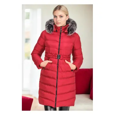 Z6690 DEWBERRY FUR HOODED WOMEN'S COAT-RED-1