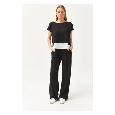 Olalook Women's Black Top Blouse Bottom Trousers Suit