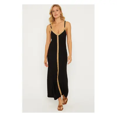 Cool & Sexy Women's Black Straw Detailed Wrinkled Midi Dress