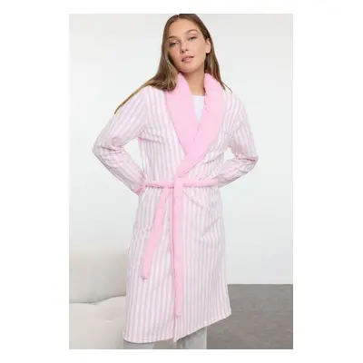 Trendyol Pink Belted Striped Fleece Winter Knitted Dressing Gown