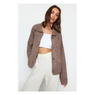 Trendyol Mink Bomber Jacket Look Wide Fit Boucle Knitwear Cardigan