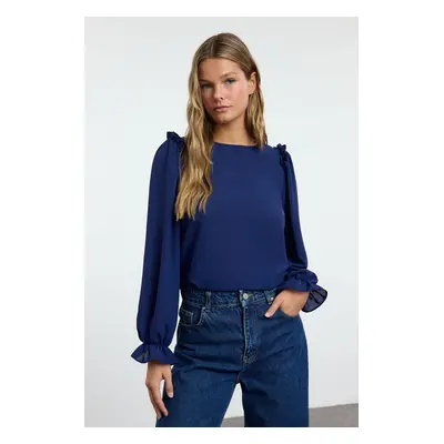 Trendyol Navy Blue Long Sleeve Stand Collar Woven Blouse