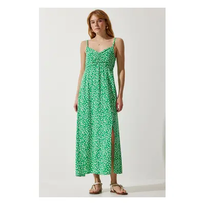 Happiness İstanbul Women's Green Strap Patterned Viscose Dress