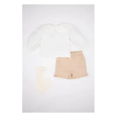 DEFACTO Baby Girl 3-Piece Set Twill Fabric Shorts Long Sleeve Blouse Tights