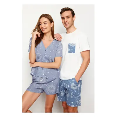 Trendyol Ecru Blue Printed Regular Fit Couple/Double Knitted Shorts Pajama Set