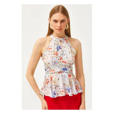 Olalook Women's Blue Floral Barbell Neck Waist Detailed Crepe Blouse