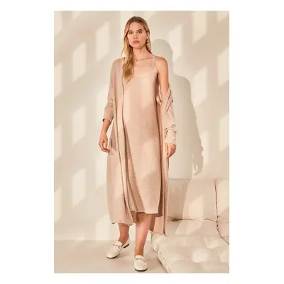 Trendyol Beige Soft Knitted 2-Piece Set Rope Strap Knitted Home Dress