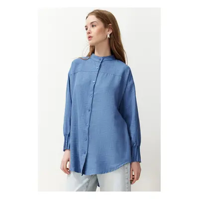 Trendyol Blue Linen Aerobin Oversize Woven Shirt