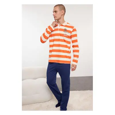 Trendyol Men's Orange-Ecru Striped Polo Collar Regular Fit Knitted 100% Cotton Pajama Set