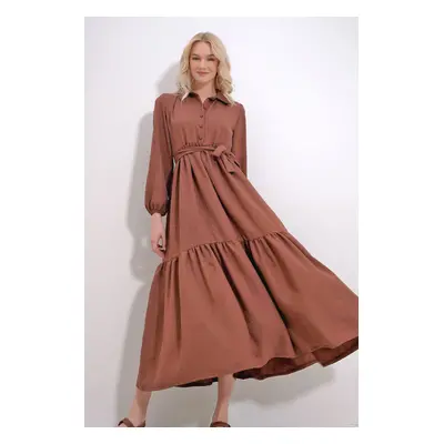 Trend Alaçatı Stili Women's Brown Buttoned Front Skirt Flounced Flamed Linen Maxiboy Dress