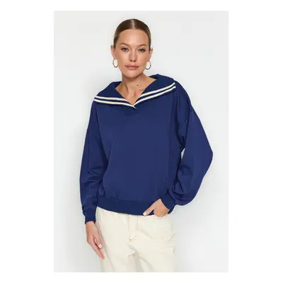 Trendyol Navy Blue Oversize/Wide Fit Knitwear Collar Detailed Diagonal Knitted Sweatshirt