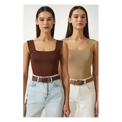 Happiness İstanbul Women's Brown Biscuit Square Neck Thick Strappy Pack Knitwear Blouse