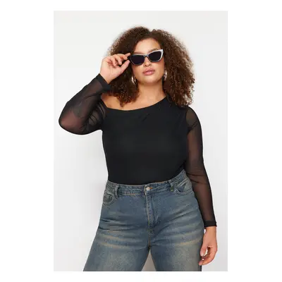 Trendyol Curve Black Tulle Lined Asymmetric Collar Knitted Plus Size Blouse