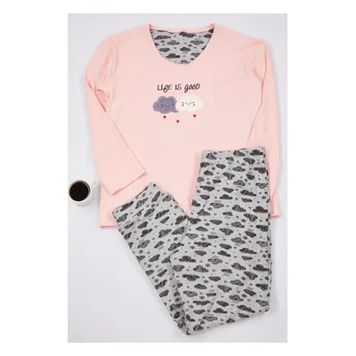 Trendyol Curve Pink Cloud Patterned Crew Neck Knitted Pajama Set