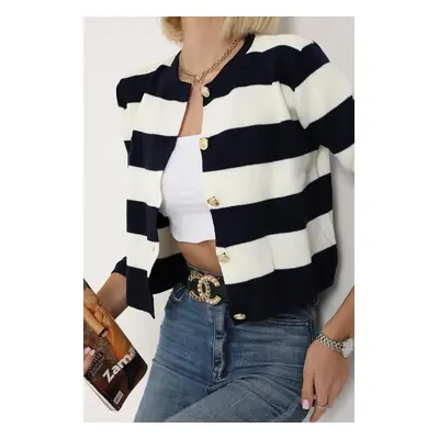 74390 Dewberry Crew Neck Striped Crop Cardigan-NAVY