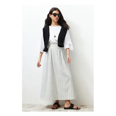 Trendyol Ecru Striped Pocket Detailed Linen Look Woven Skirt