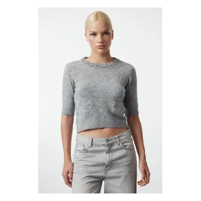 Trendyol Gray Wool Collar Stone Embroidered Knitwear Sweater