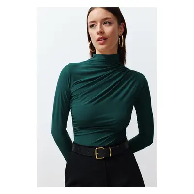 Trendyol Emerald Green Pleated Square Neck Body-Smoothing Flexible Knitted Blouse