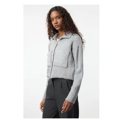 Trendyol Grey Oversize/Wide Pattern Boucle Polo Collar Coat-Look Knitwear Cardigan