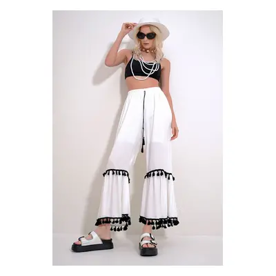 Trend Alaçatı Stili Women's White Elastic Waist Tassel Detailed Wide Leg Woven Viscose Trousers