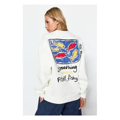 Trendyol Ecru Printed Oversize Crew Neck Knitted Sweatshirt