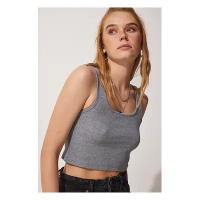 Happiness İstanbul Women's Gray Strappy Corded Crop Knitted Blouse