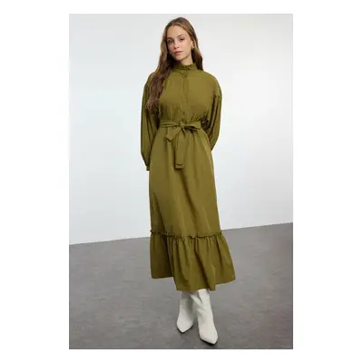 Trendyol Khaki Double Breasted Tied Cotton Woven Dress