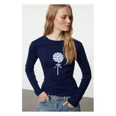 Trendyol Navy Blue Print and Bow Detailed Fitted Knitted Blouse