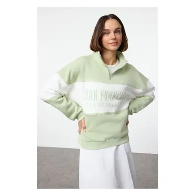 Trendyol Mint Basic Printed Thick Inside Fleece Knitted Sweatshirt