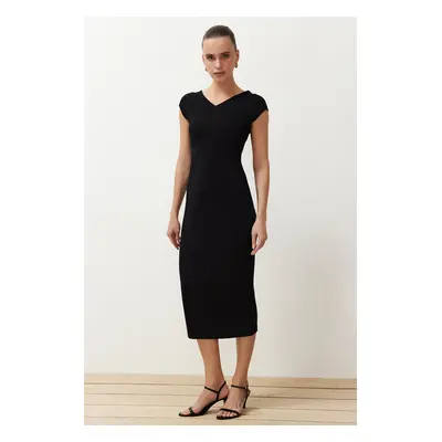 Trendyol Black V-Neck Moon Sleeve Fitted Ribbed Flexible Knitted Knitted Midi Pencil Dress