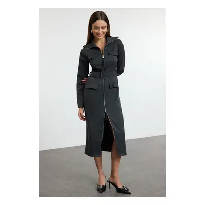 Trendyol Anthracite Zippered Pocket Detailed Gabardine Fabric Midi Woven Shirt Dress