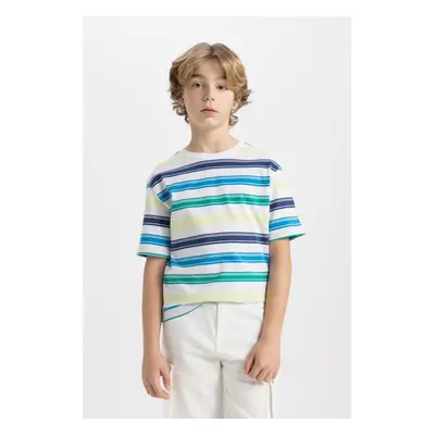 DEFACTO Boy's Crew Neck Striped Flared Cotton Short Sleeve T-Shirt