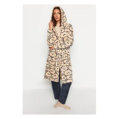 Trendyol Cream Wellsoft Teddy Bear Hooded Winter Knit Dressing gown