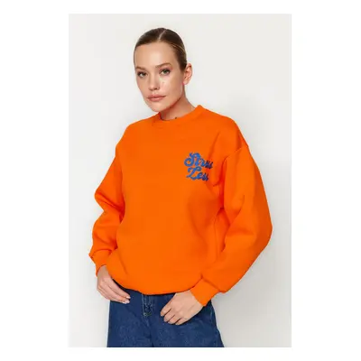 Trendyol Orange Thick Inside Polar Slogan Embroidered Regular/Normal Pattern Knitted Sweatshirt