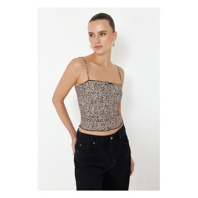 Trendyol Brown Leopard Printed Strappy Crop Super Stretch Knitted Blouse