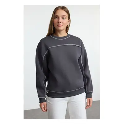 Trendyol Anthracite Slogan Printed Oversize/Wide Pattern Thick Inside Polar Fleece Knitted Sweat