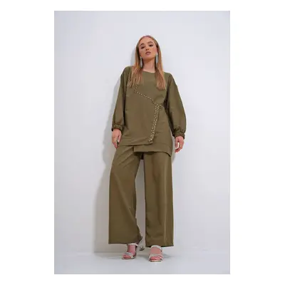 Trend Alaçatı Stili Women's Khaki Crew Neck Pearl and Stone Embroidered Tunic and Trousers Set