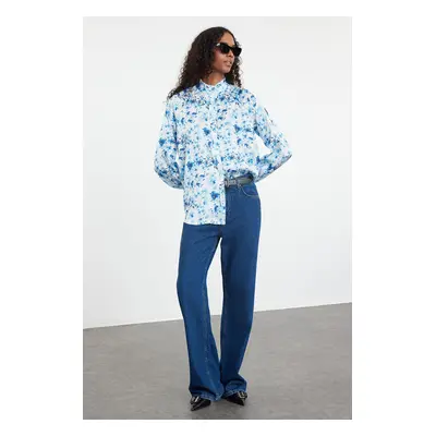 Trendyol Blue Ruffle Satin Woven Shirt