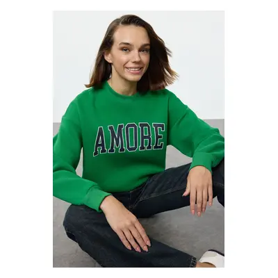 Trendyol Green Thick Polar Fleece Oversize/Wide Cut Slogan Embroidered Knitted Sweatshirt