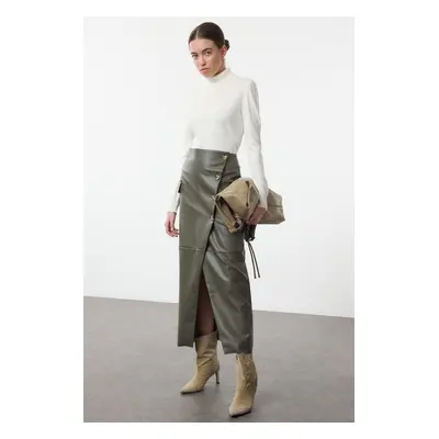 Trendyol Khaki Faux Leather Midi Woven Skirt