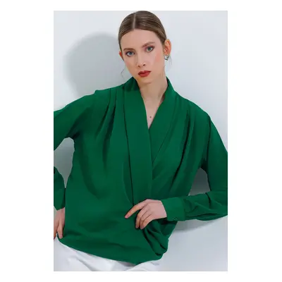 Bigdart Women's Emerald Green Double Breasted Collar Flowing Satin Blouse